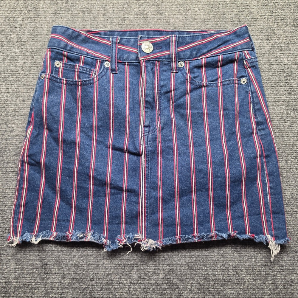 American Eagle Hi-Rise Mini Skirt Striped Denim Super Stretch Blue Red White 8
